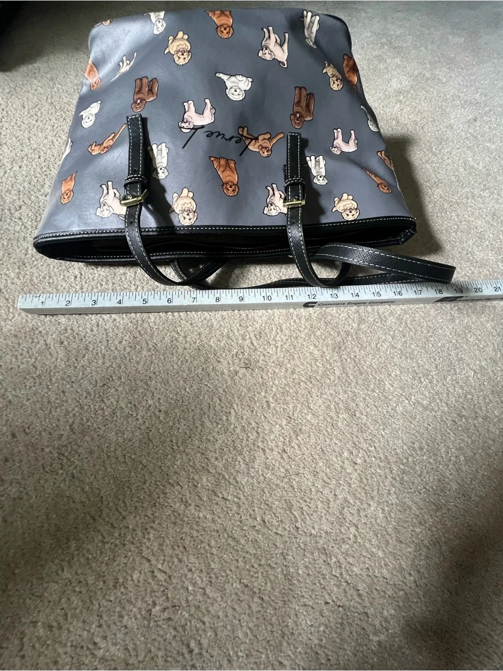 Leruel Gray Dog Print Leather-Trim Shoulder Bag, in excellent condition.